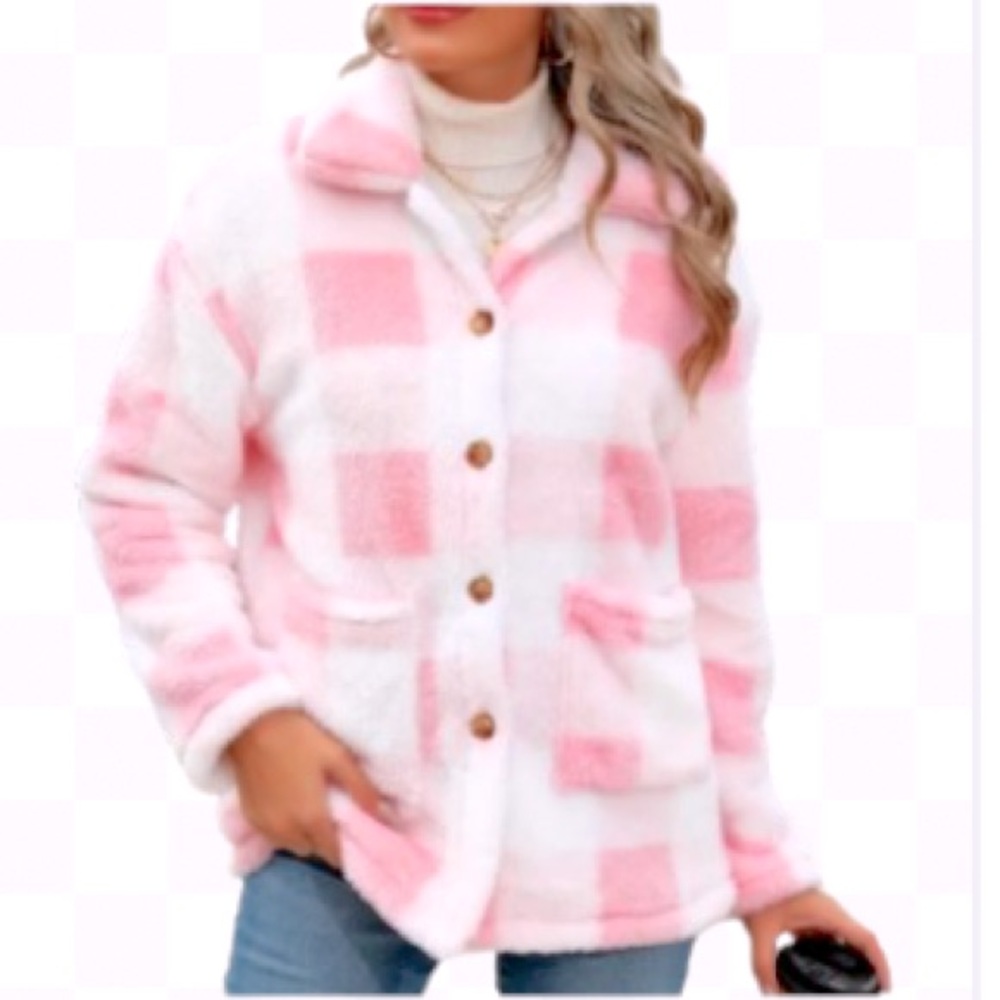 PLAID Pink & White Sherpa Fur Patch Pocket Button Up Coat Jacket L  NIB
